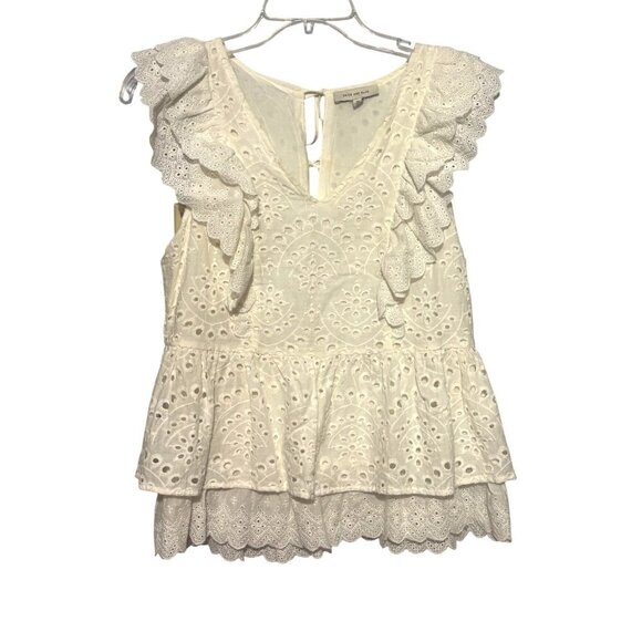 Skies Are Blue Eyelet Lace Ruffle Sleeveless Cotton Peplum Top XS Women's Ivory - Picture 1 of 10